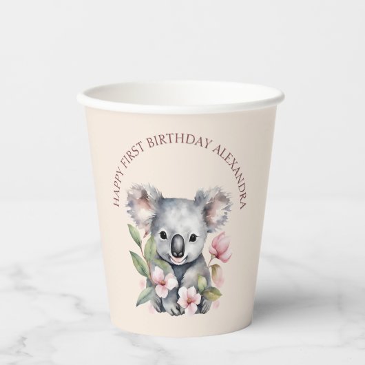 Happy First Birthday Watercolor Koala Pappbecher (Vorderseite)