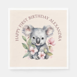 Happy First Birthday Watercolor Koala Serviette