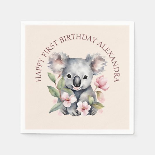 Happy First Birthday Watercolor Koala Serviette (Vorderseite)