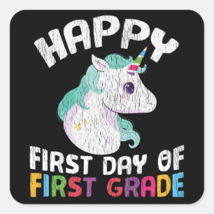 Happy First Grade School Lehrer Kinder Crew Unicor Quadratischer Aufkleber