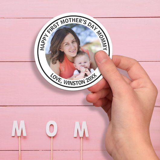 Happy First Mother Day Mommy Custom Foto & Text Runder Aufkleber