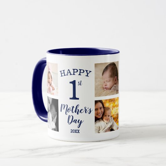 Happy First Mother's Day 8 Photo Collage Navy Blue Tasse (Vorderseite Links)