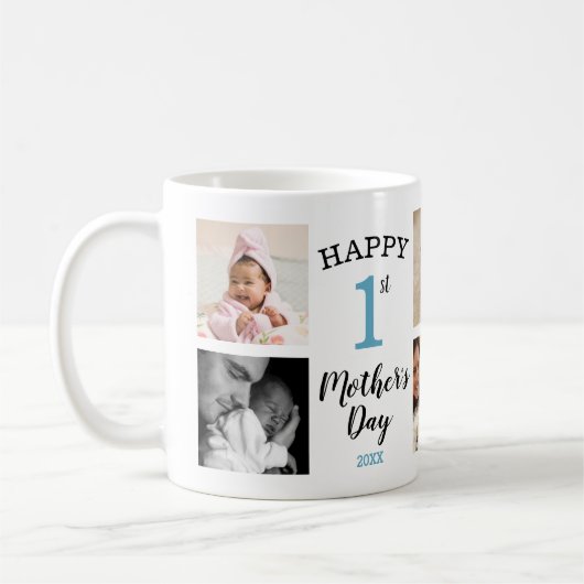 Happy First Mother's Day Blue 8 Photo Collage Kaffeetasse (Links)