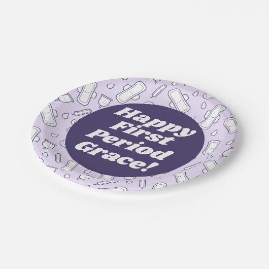 Happy First Period Party Lila Tampon Pad Name Pappteller (Schrägansicht)