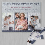 Happy First Vathers Day Custom Message und 3 Foto Puzzle<br><div class="desc">Das Puzzle des Fotos "Happy First Vatertag". Die Vorlage ist für das Set bereit, um 3 Ihrer Lieblings-Fotos, Namen(s), benutzerdefinierte Nachricht hinzufügen und Sie bearbeiten die Gelegenheit auch, wenn Sie möchten. Das Puzzle hat eine Farbpalette aus tiefblau, bordeauxrot und grau. Vertikal, portrait Fotos werden am einfachsten zu bedienen sein -...</div>