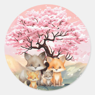 Happy Fox Familie genießt den Frühlingstag Runder Aufkleber