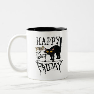 Happy Friday 13th Black Cat Scary Halloween Shirt. Zweifarbige Tasse