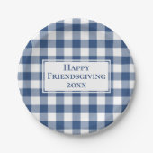 Happy Friendsgiving Blue White Gingham Kariert Pappteller (Vorderseite)
