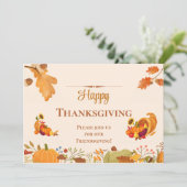 Happy Friendsgiving bunter Blätter Kürbisins Küche Einladung (Stehend Vorderseite)