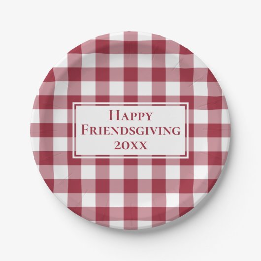 Happy Friendsgiving Burgundy White Gingham Kariert Pappteller (Vorderseite)