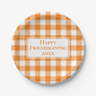 Happy Friendsgiving Orange White Gingham Kariert Pappteller