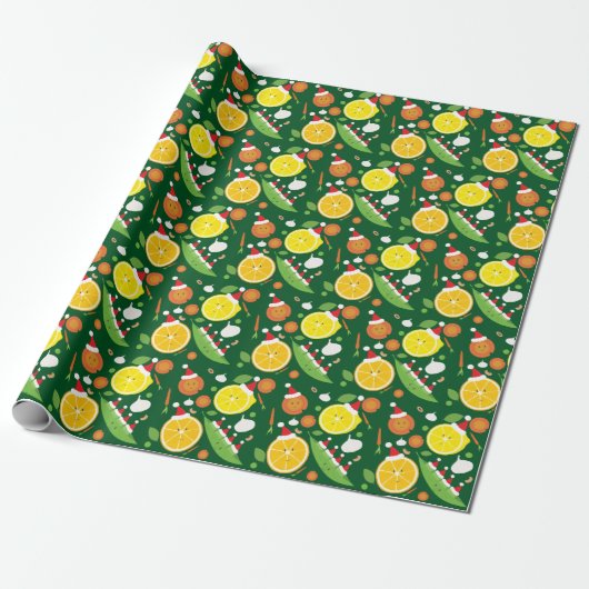 Happy Frucht Gemüse Weihnachtsmannmütze Pattern Kü Geschenkpapier (Ungerollt)