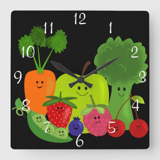 Happy Fruit and Veggies Wall Clock Quadratische Wanduhr (Vorderseite)