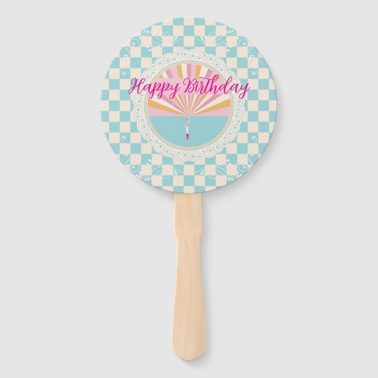 Happy Fun Blue Gingham Plaid Checkered Birthday Fächer (Rückseite)