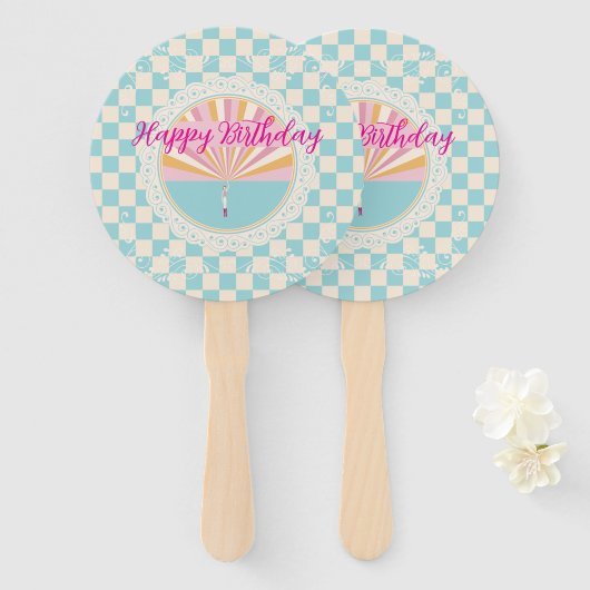 Happy Fun Blue Gingham Plaid Checkered Birthday Fächer (Vorne und Hinten)