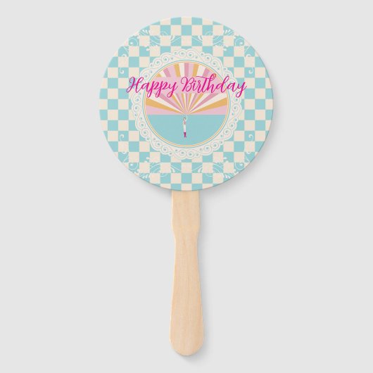 Happy Fun Blue Gingham Plaid Checkered Birthday Fächer (Vorderseite)