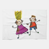 Happy Funny Kids Couple Zeichnend Doodle Cartoon Küchentuch (Horizontal)