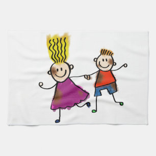 Happy Funny Kids Couple Zeichnend Doodle Cartoon Küchentuch