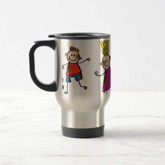 Happy Funny Kids Couple Zeichnend Doodle Cartoon Reisebecher (Links)