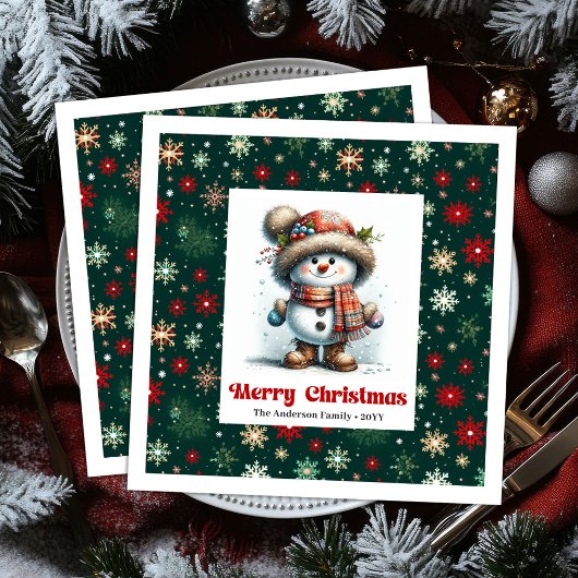 Happy funny snowman with snowflakes kids napkins serviette