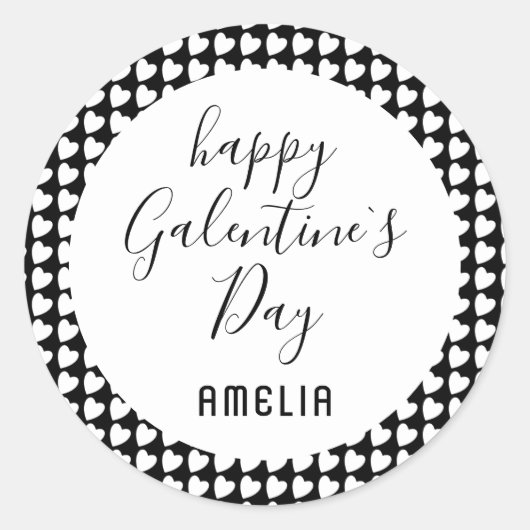 Happy Galentine's Day Black and White Heart Runder Aufkleber (Vorderseite)