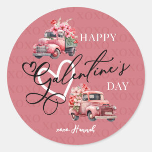 Happy Galentine's Day Blume Truck Runder Aufkleber