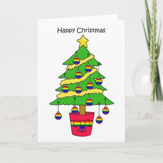 Happy Gay Christmas Cartoon Tree with Baubles Karte (Vorderseite)