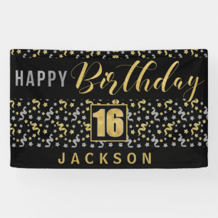 Happy Geburtstag 16 mit Name Black und Gold Banner