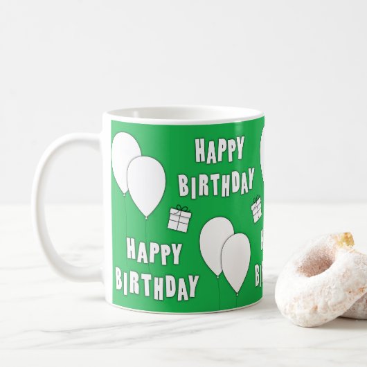 Happy Geburtstag mit Balloons grünem Hintergrund Kaffeetasse (Mit Donut)