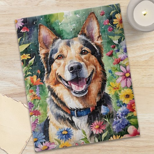 Happy German Shepherd Portrait Watercolor Animal Puzzle