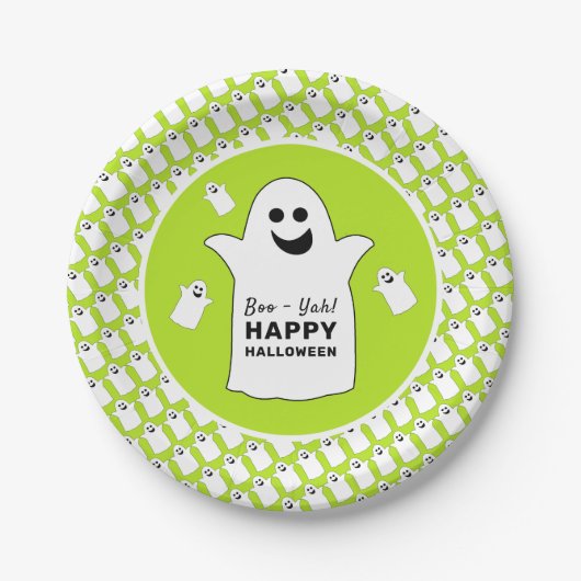 Happy Ghost, grünes Halloween-Party Pappteller (Vorderseite)