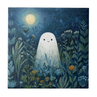 Happy Ghost in Moonlit Garden Fliese