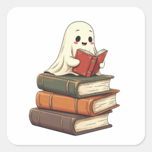 Happy Ghost Reader - Funny Bookworm Quadratischer Aufkleber