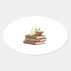 Happy Ghost Reader - Spooky Bookworm Ovaler Aufkleber