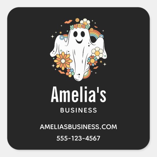 Happy Ghost Retro Hippie Vibe Business Quadratischer Aufkleber (Vorderseite)