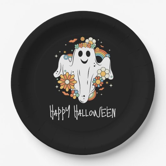 Happy Ghost Retro Hippie Vibe Halloween Pappteller (Vorderseite)