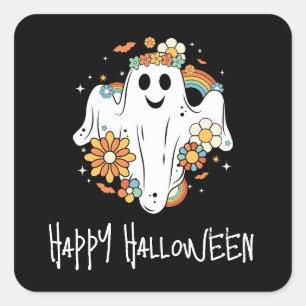 Happy Ghost Retro Hippie Vibe Halloween Quadratischer Aufkleber