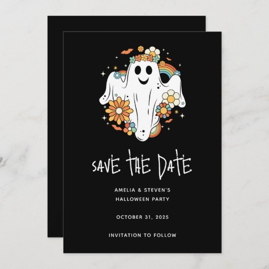Happy Ghost Retro Hippie Vibe Halloween Save The Date (Vorne/Hinten)