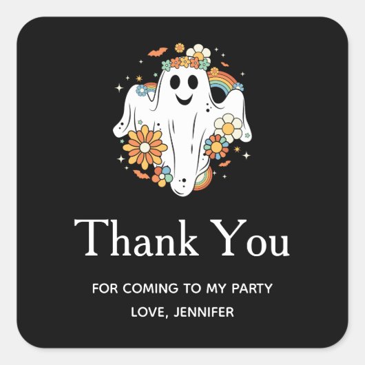 Happy Ghost Retro Hippie Vibe Party Danke Quadratischer Aufkleber (Vorderseite)