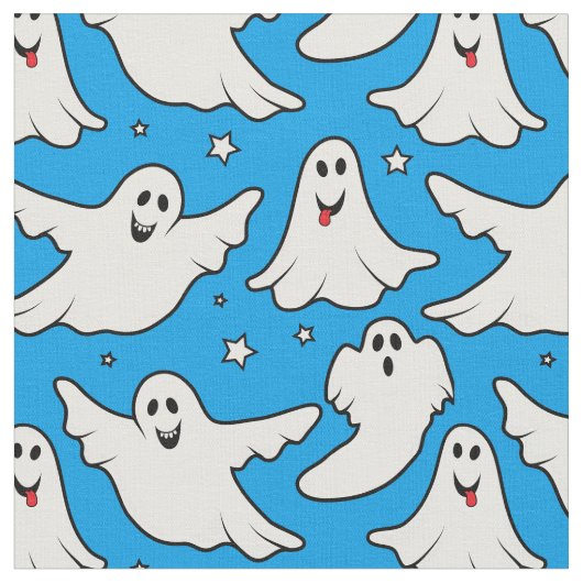 Happy Ghosts Halloween Pattern auf Blue Stoff (Nahaufnahme)