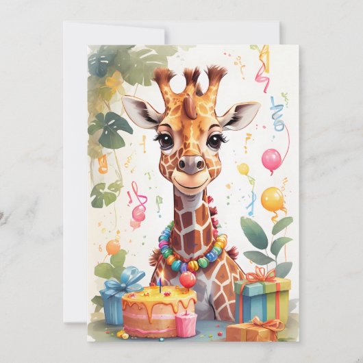 Happy Giraffe mit Geschenken & Kuchen | Einladung (Vorderseite)