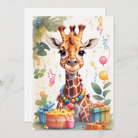Happy Giraffe mit Geschenken & Kuchen | Einladung (Vorne/Hinten)