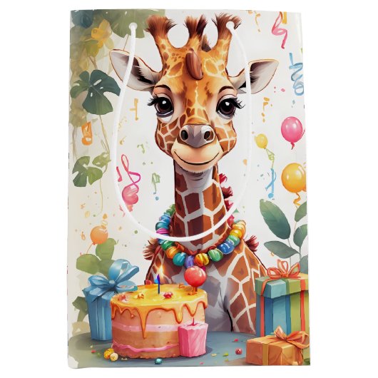 Happy Giraffe mit Geschenken & Kuchen | Mittlere Geschenktüte (Vorderseite)