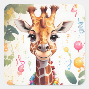 Happy Giraffe mit Geschenken & Kuchen   Quadratischer Aufkleber