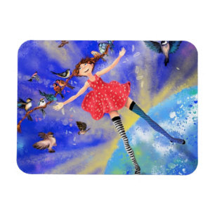 Happy Girl and Birds Magnet - Malerei