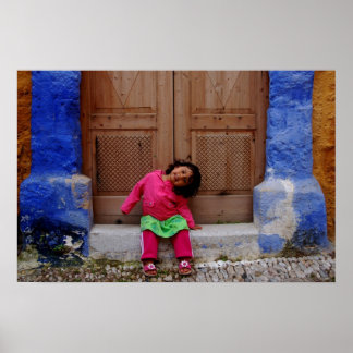 Happy Girl between Blue Pillars Poster