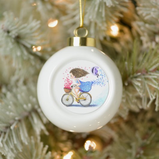 Happy Girl mit Bike Weihnachtsschmuck Keramik Kugel-Ornament (Baum)
