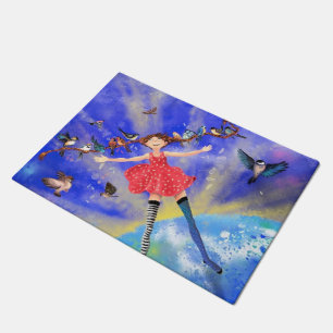 Happy Girl mit Birds Doormat Fußmatte
