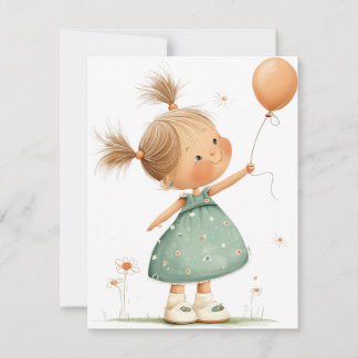 Happy Girl with Balloon Watercolor RSVP Karte
