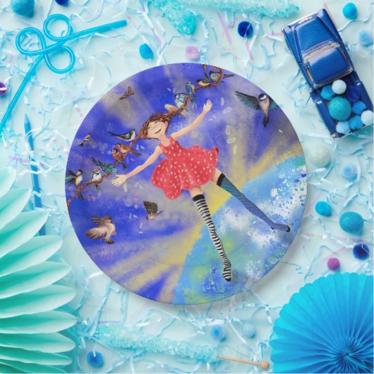 Happy Girl with Birds - Bild hinzufügen / Text Pappteller (Party)